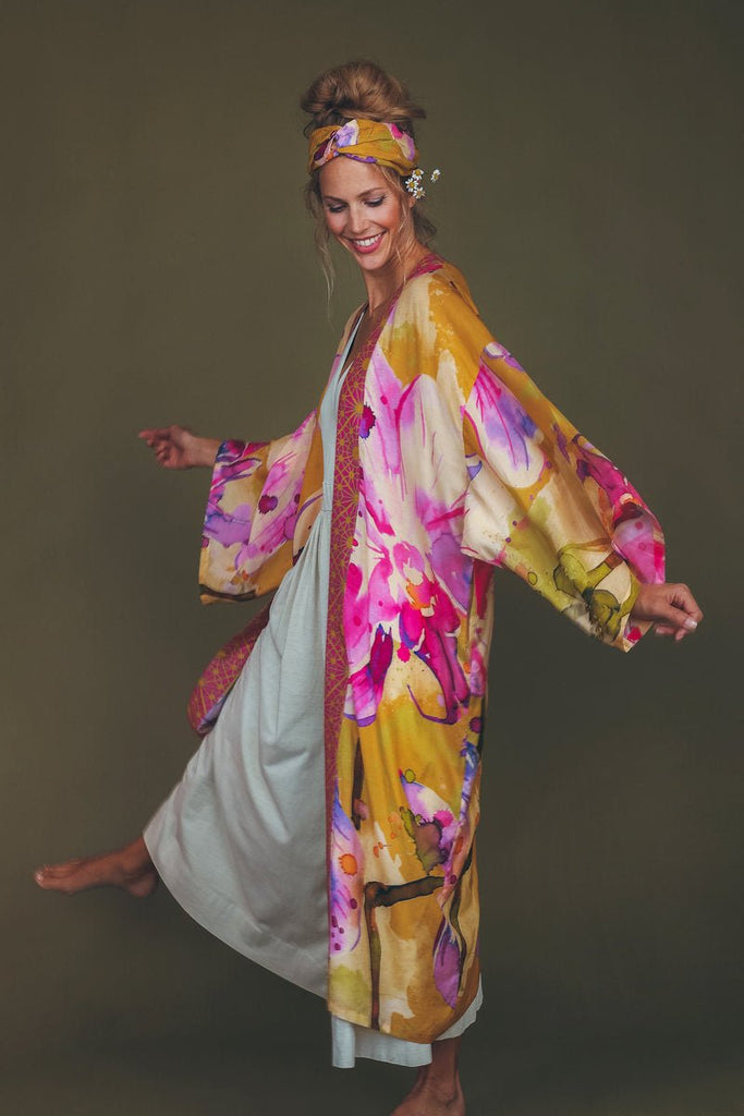 Powder Mustard Orchid Kimono Gown - Daisy Mae Boutique