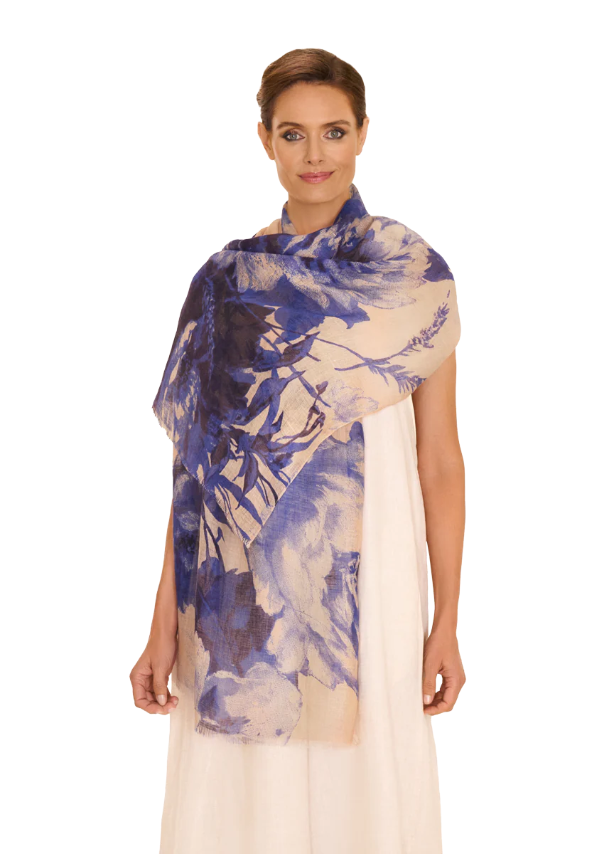 Powder China Blue Blooms Linen Scarf