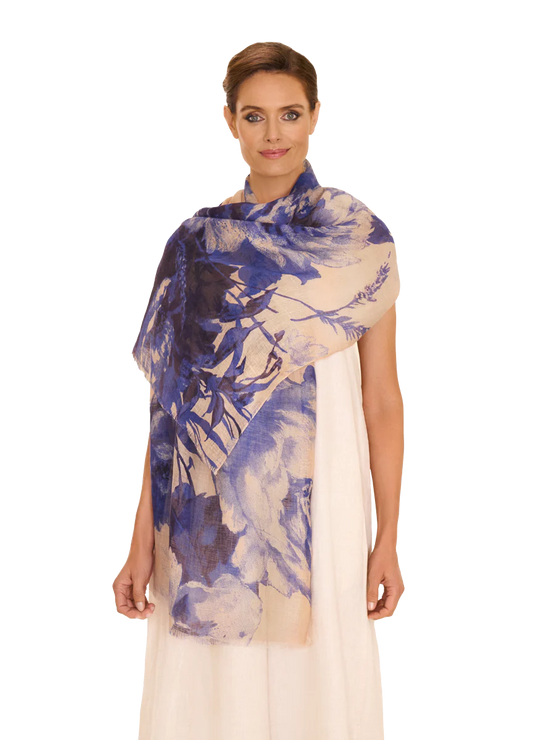 Powder China Blue Blooms Linen Scarf