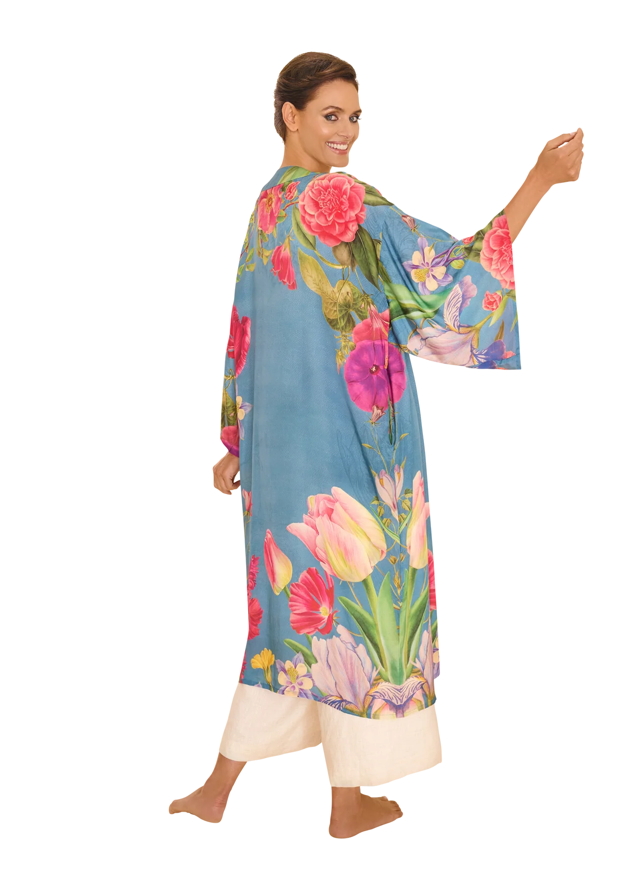 Powder Floral Study Denim Kimono Gown