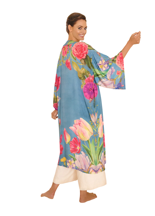 Powder Floral Study Denim Kimono Gown