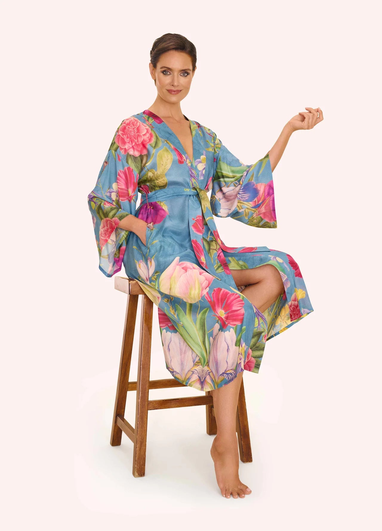 Powder Floral Study Denim Kimono Gown