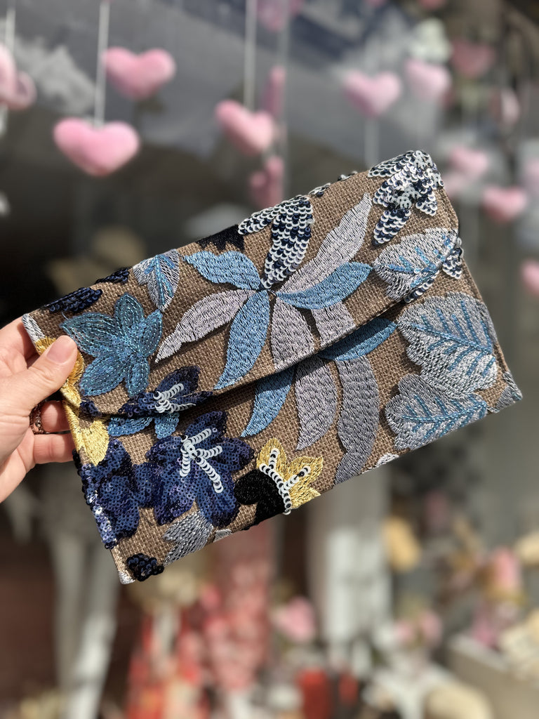 DMB Light Blue Embroided & Sequin Flap Clutch