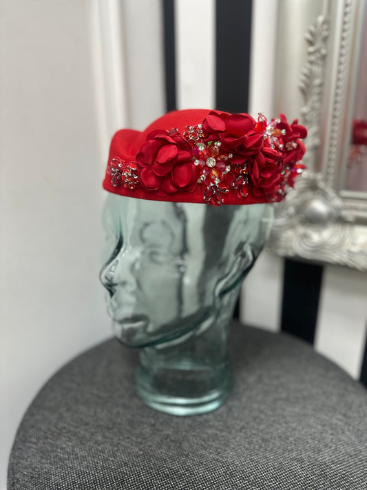 DMB Floral Embellished Pill Box Hat Red