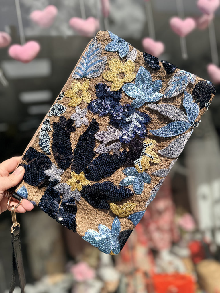 DMB  Navy / Light Blue  Embroided & Sequin Large Wristlet Clutch