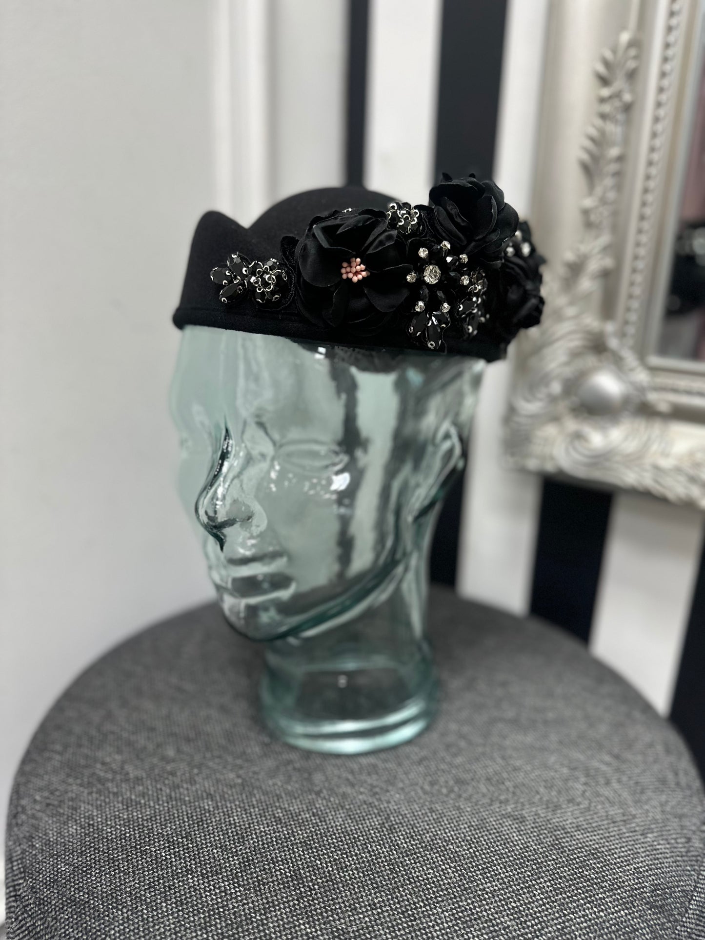 DMB Floral Embellished Pill Box Hat Black