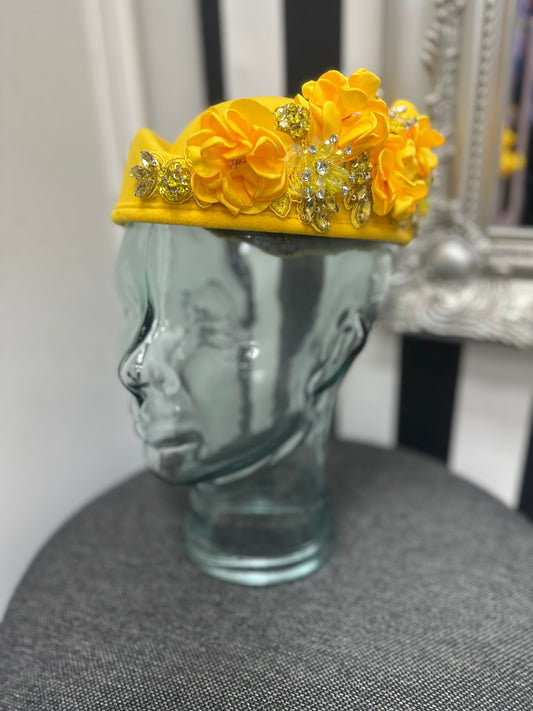 DMB Floral Embellished Pill Box Hat Yellow