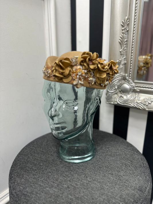 DMB Floral Embellished Pill Box Hat Beige