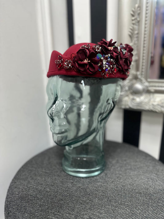 DMB Floral Embellished Pill Box Hat Burgundy