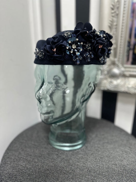 DMB Floral Embellished Pill Box Hat Navy