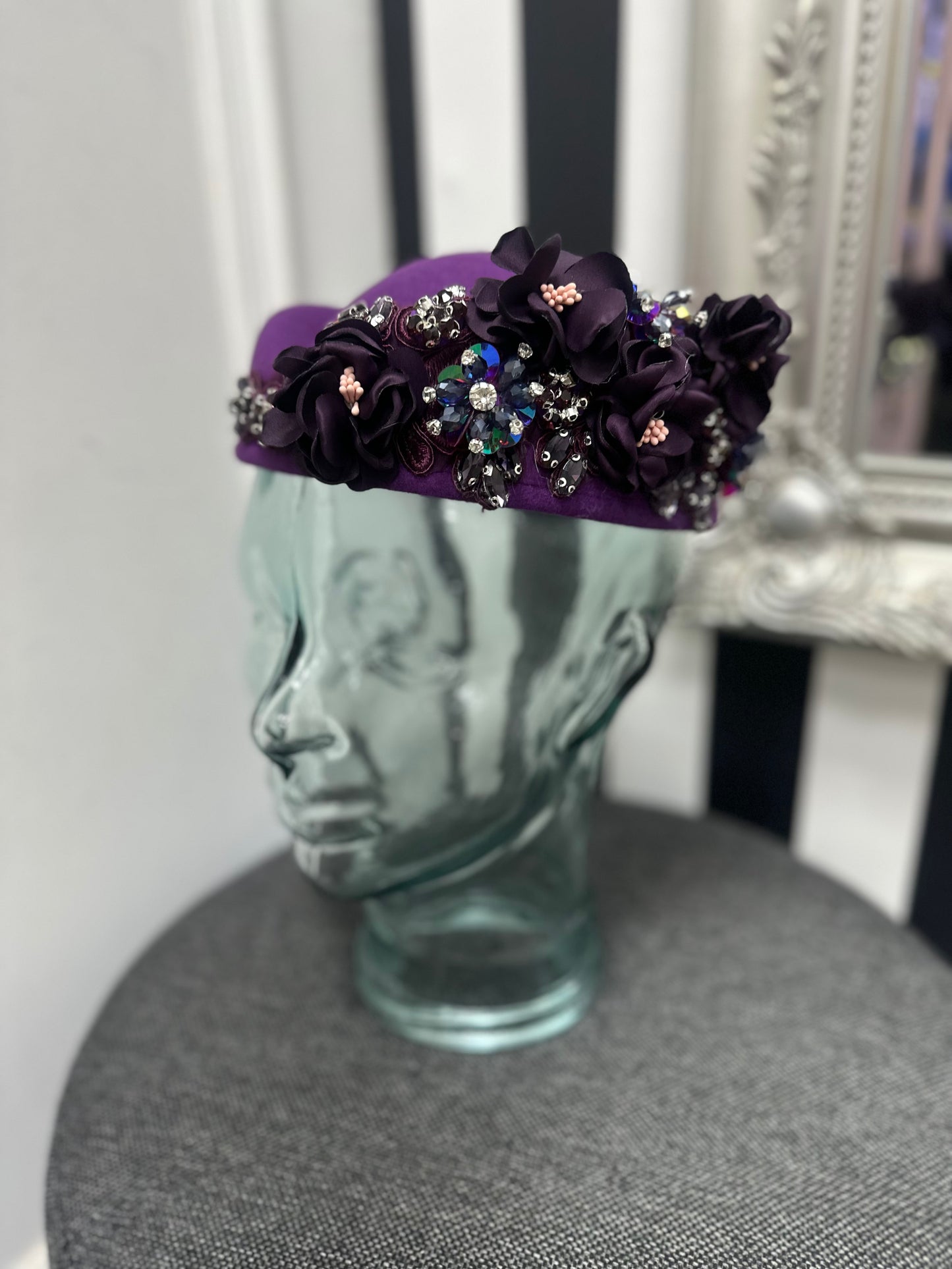 DMB Floral Embellished Pill Box Hat Purple