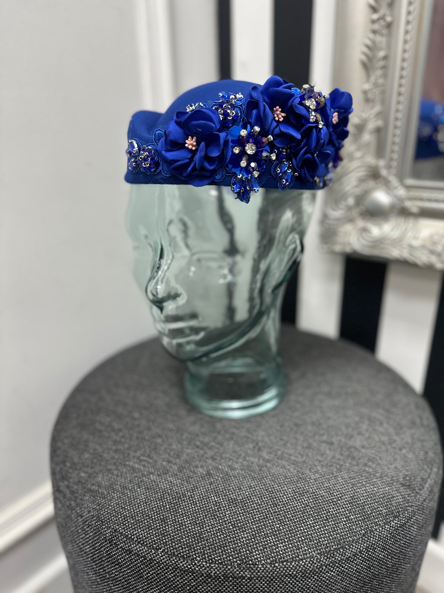 DMB Floral Embellished Pill Box Hat Cobalt