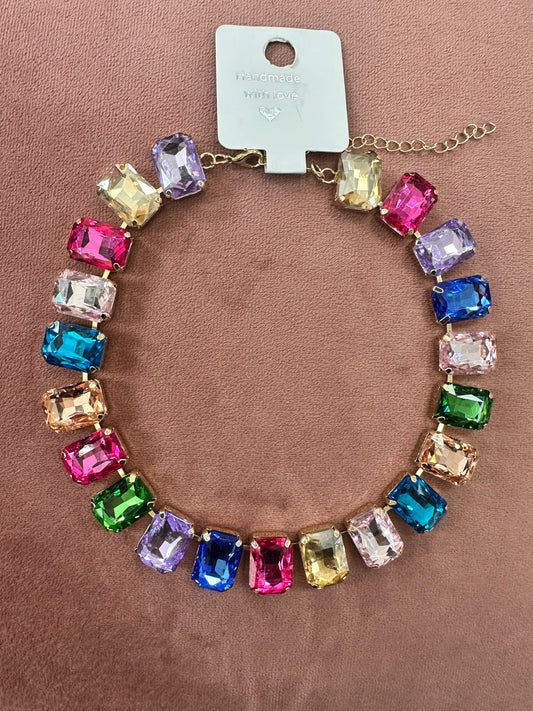 DMB Rectangular Rainbow Jewelled Collar Necklace