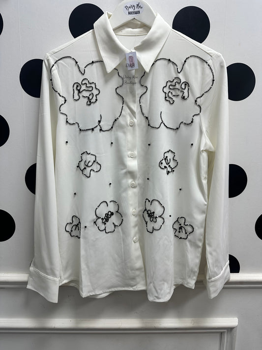 DMB White Beaded Flower Blouse