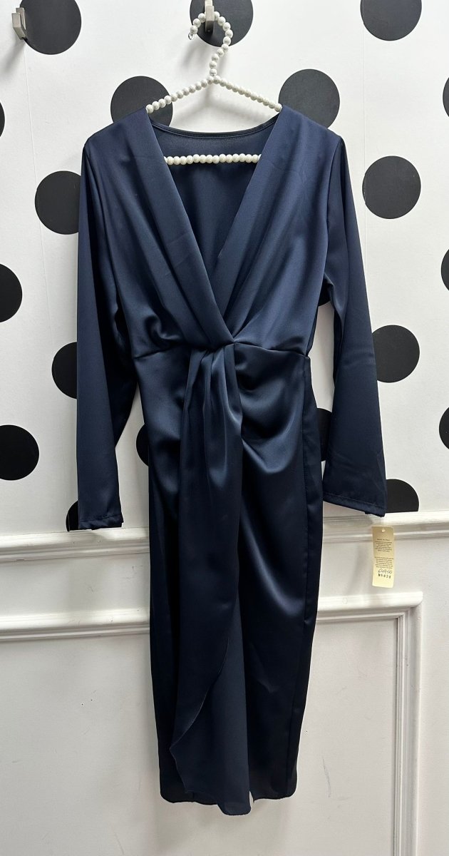 Amber Navy Satin Twist Dress - Daisy Mae Boutique