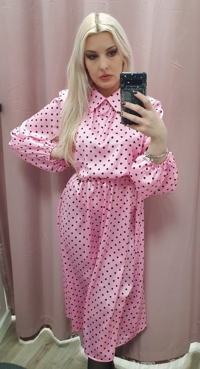 Amber Pink Satin Polka Dot Shirt Dress - Daisy Mae Boutique