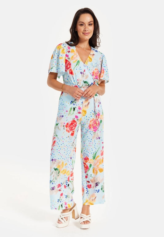 Liquorish Blue Floral Print Wide Leg Jumpsuit