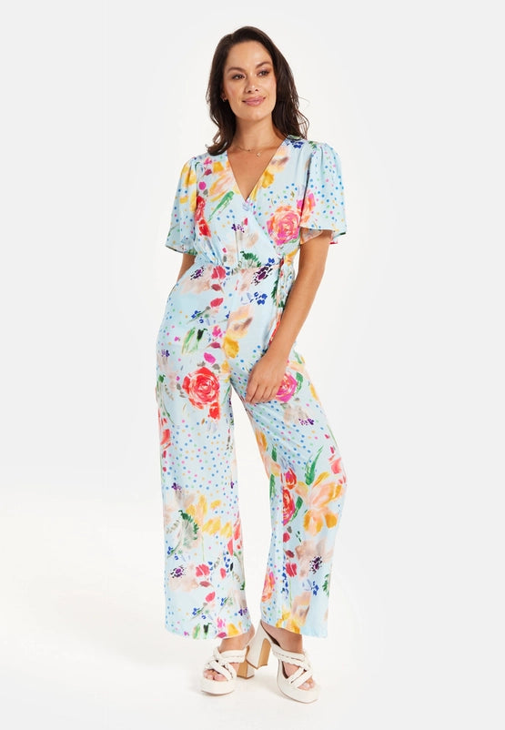 Liquorish Blue Floral Print Wide Leg Jumpsuit