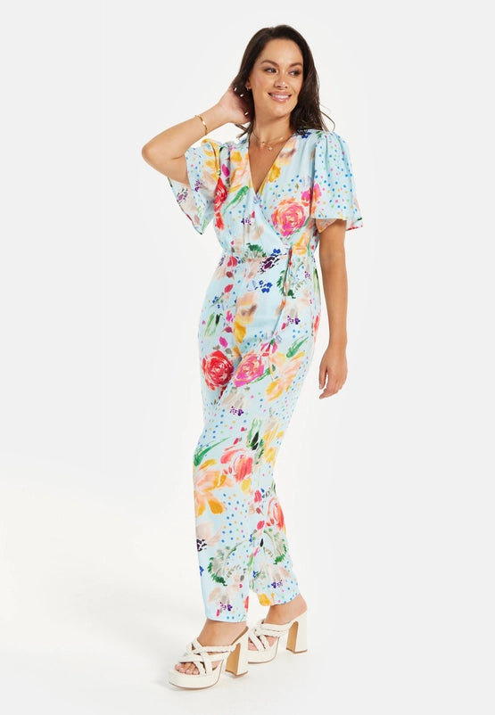 Liquorish Blue Floral Print Wide Leg Jumpsuit