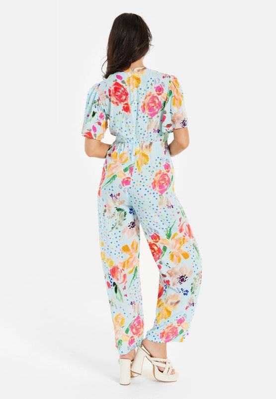 Liquorish Blue Floral Print Wide Leg Jumpsuit