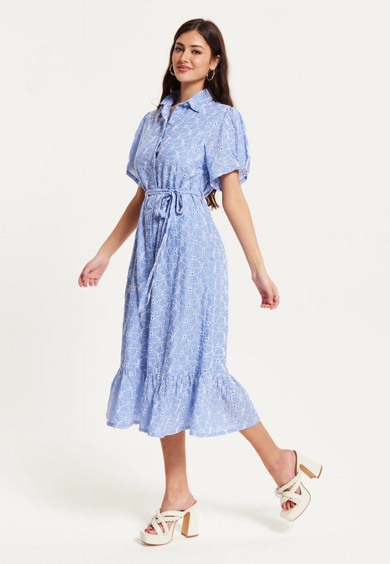 Liquorish Floral Embroidery Striped Blue Dress