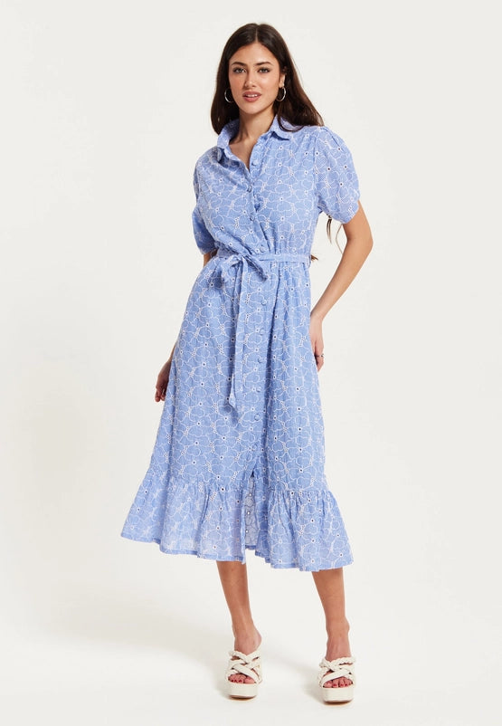 Liquorish Floral Embroidery Striped Blue Dress