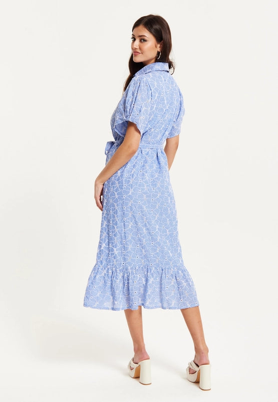 Liquorish Floral Embroidery Striped Blue Dress