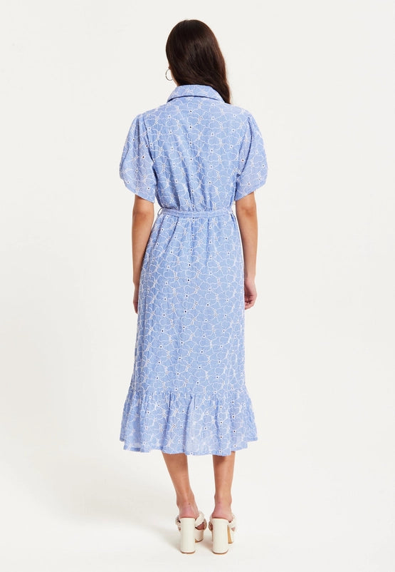 Liquorish Floral Embroidery Striped Blue Dress