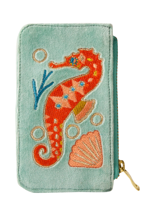 Powder Sparkling Seahorse Aqua Velvet Card Holder