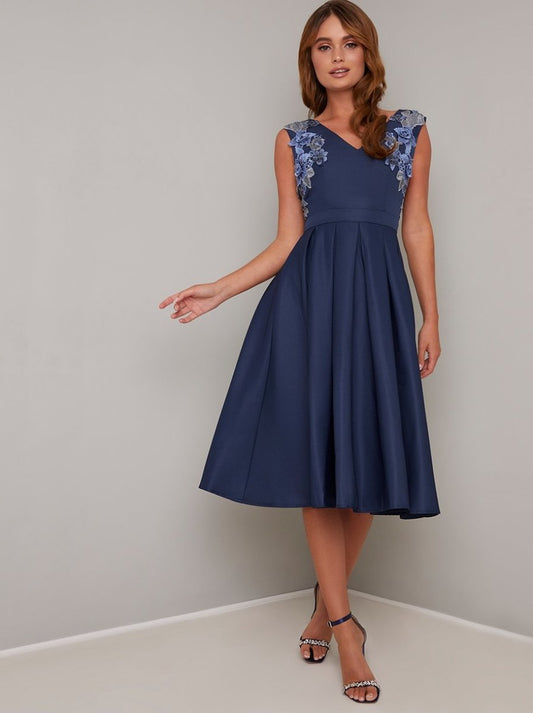 Chi Chi Kyla Blue Applique Wedding Guest Dress - Daisy Mae Boutique