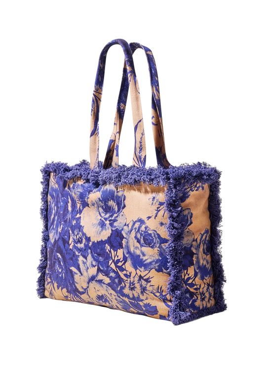 Powder China Blue Blooms Fringed Box Tote