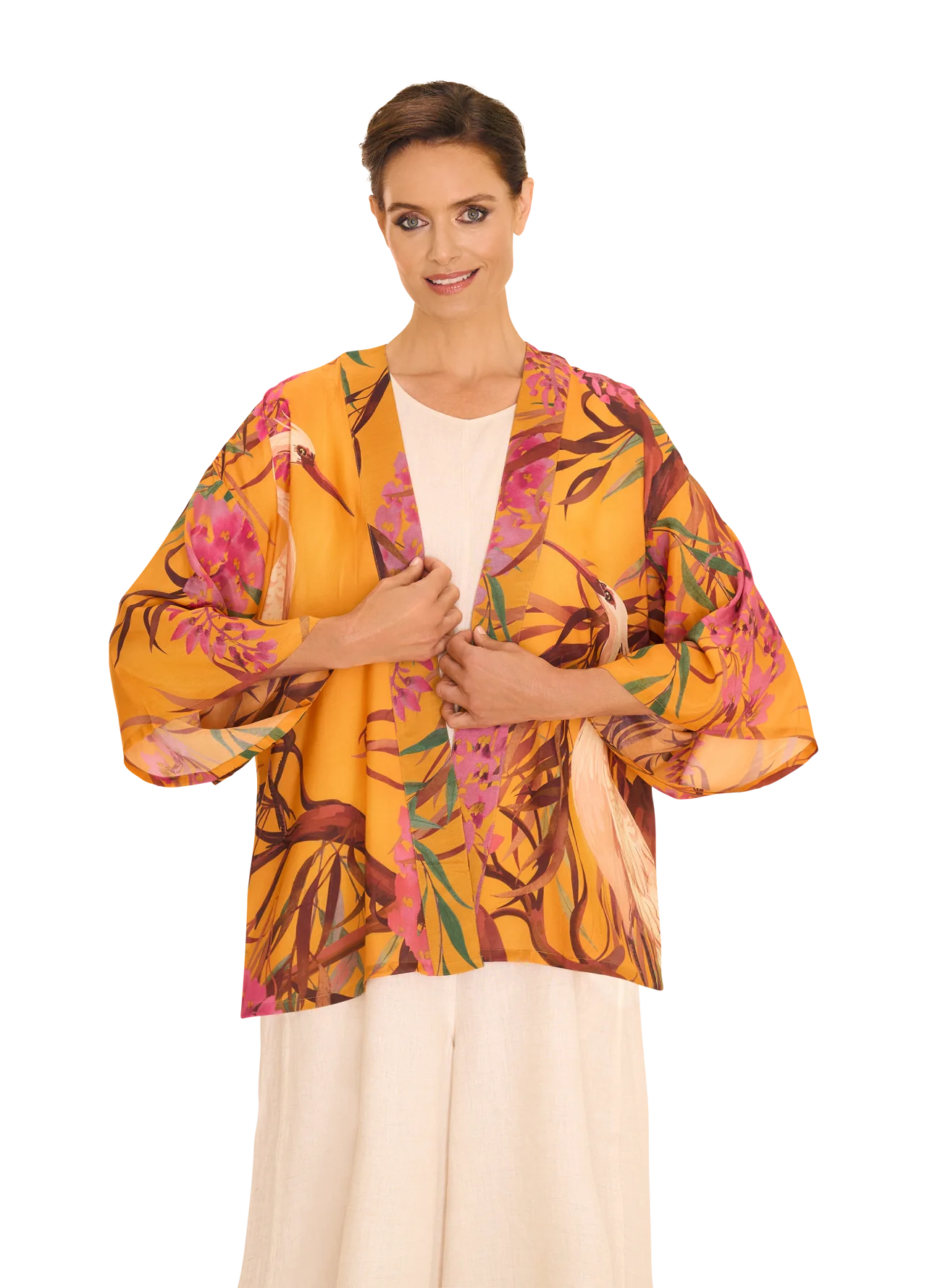 Powder Oriental Crane Ochre Kimono Jacket