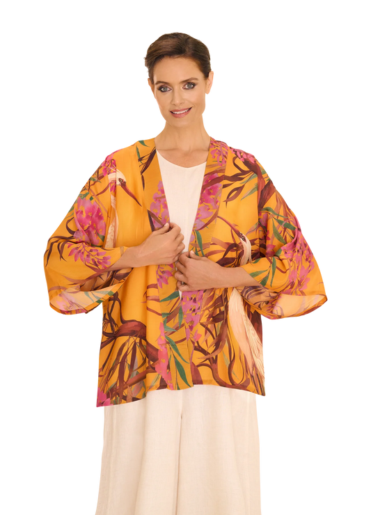 Powder Oriental Crane Ochre Kimono Jacket