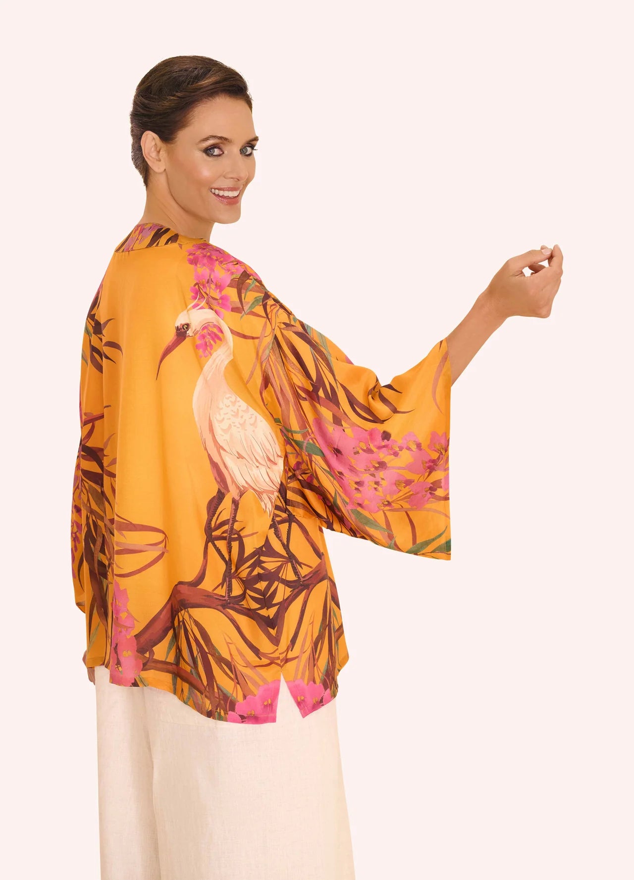 Powder Oriental Crane Ochre Kimono Jacket