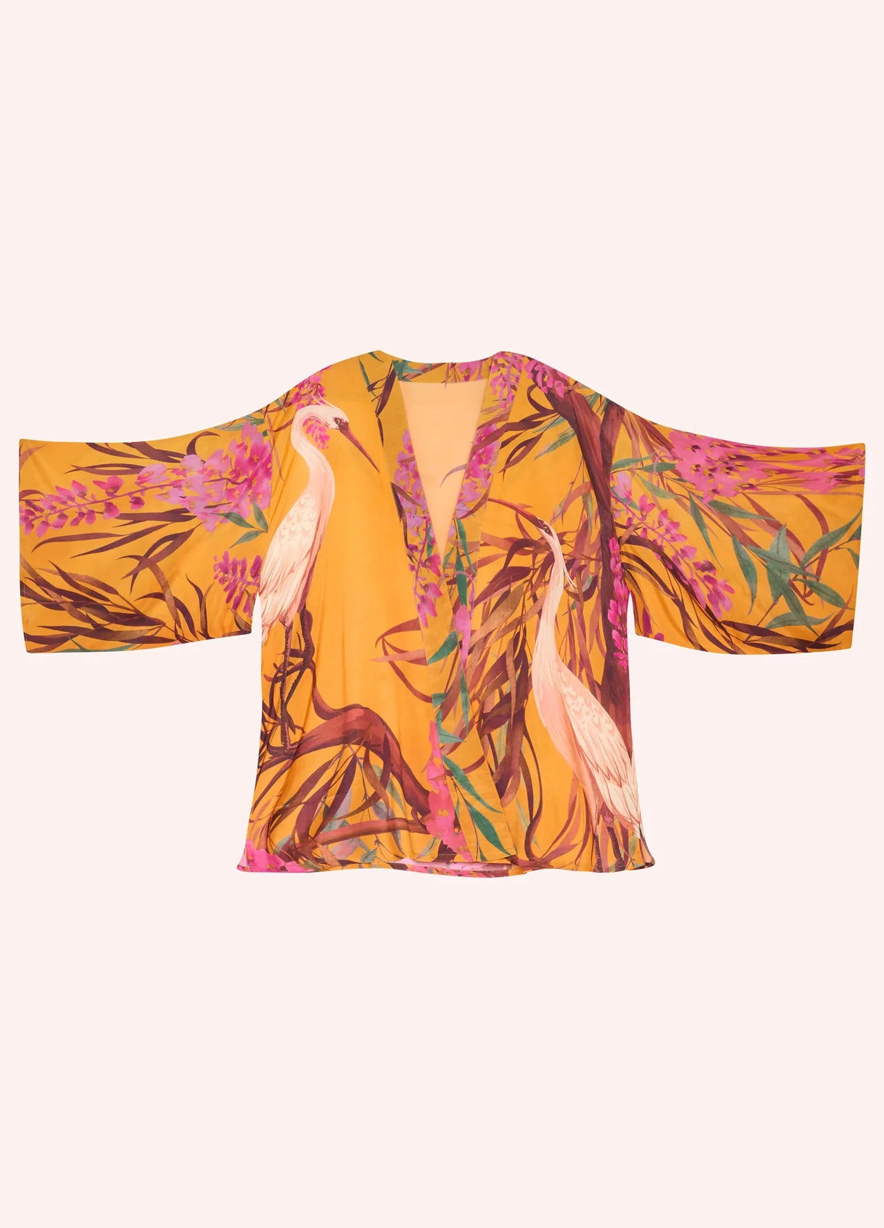 Powder Oriental Crane Ochre Kimono Jacket