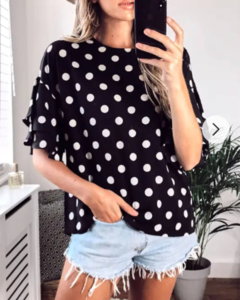 DMB Black Polka Dot Print Frilled sleeves Top - Daisy Mae Boutique