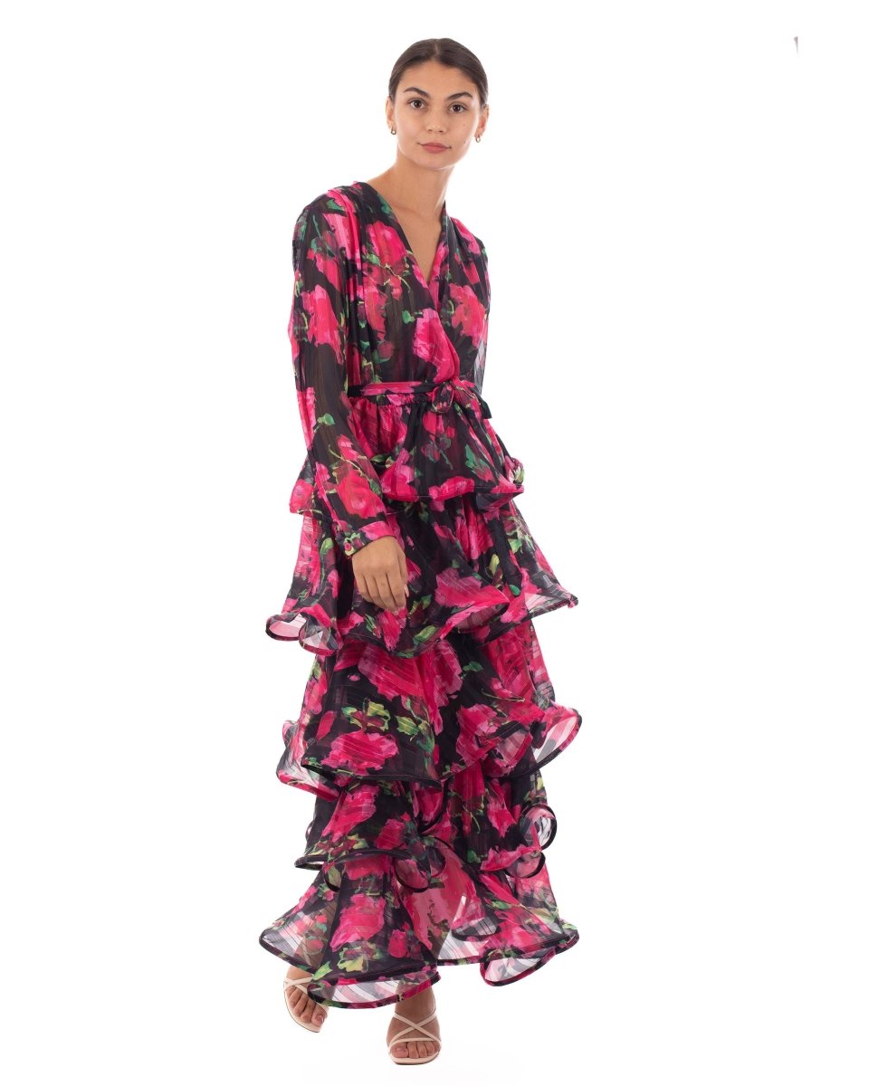 DMB Floral Print Ruffle Multi Layer Hem design Maxi Dress in Pink - Daisy Mae Boutique