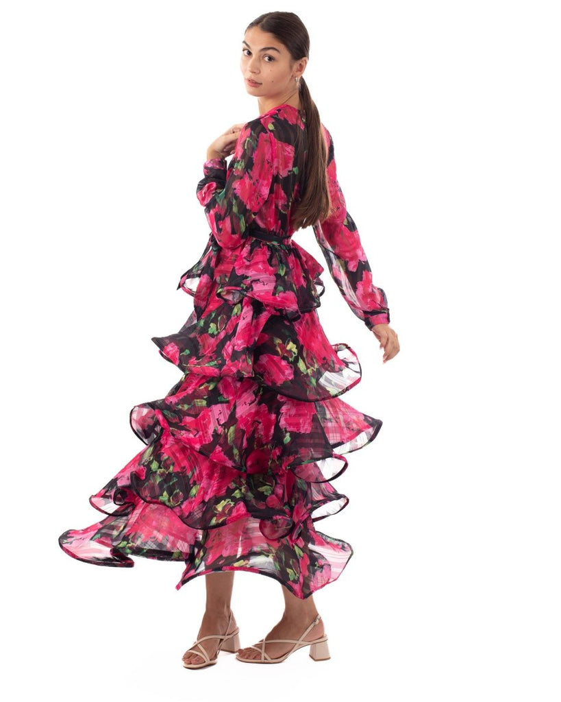 DMB Floral Print Ruffle Multi Layer Hem design Maxi Dress in Pink - Daisy Mae Boutique