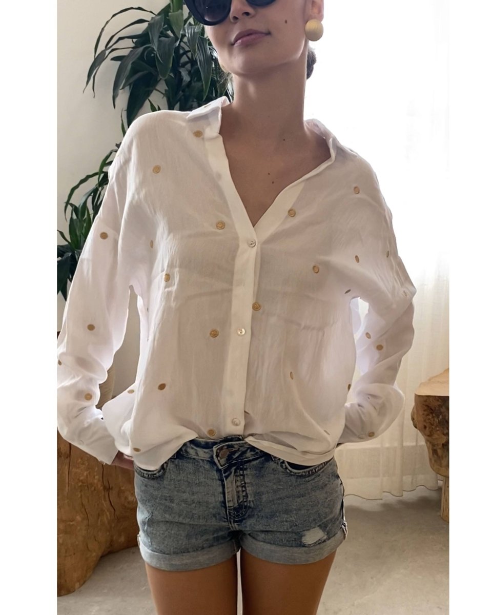 DMB Gold Polka Dots Embroidered Shirt in Soft cotton fabric - Daisy Mae Boutique