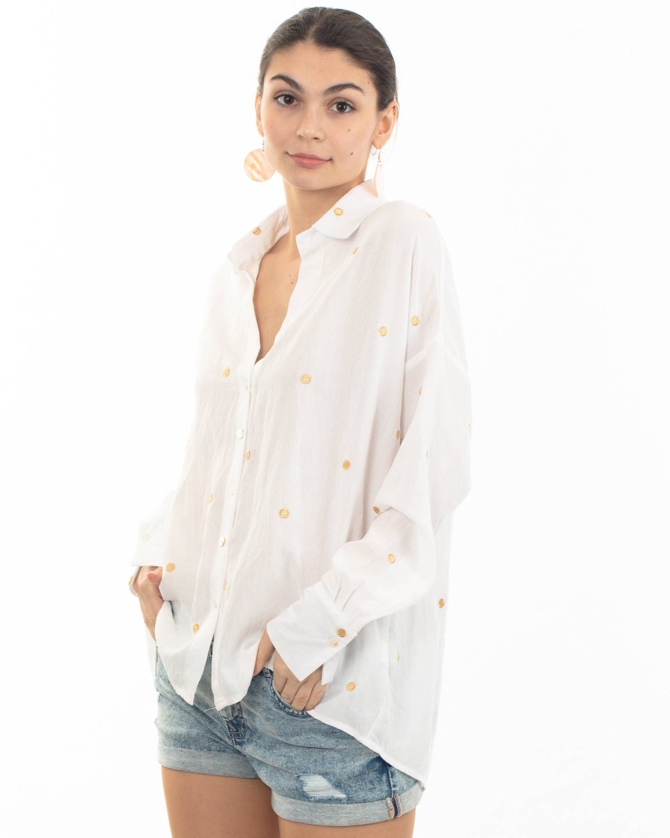 DMB Gold Polka Dots Embroidered Shirt in Soft cotton fabric - Daisy Mae Boutique