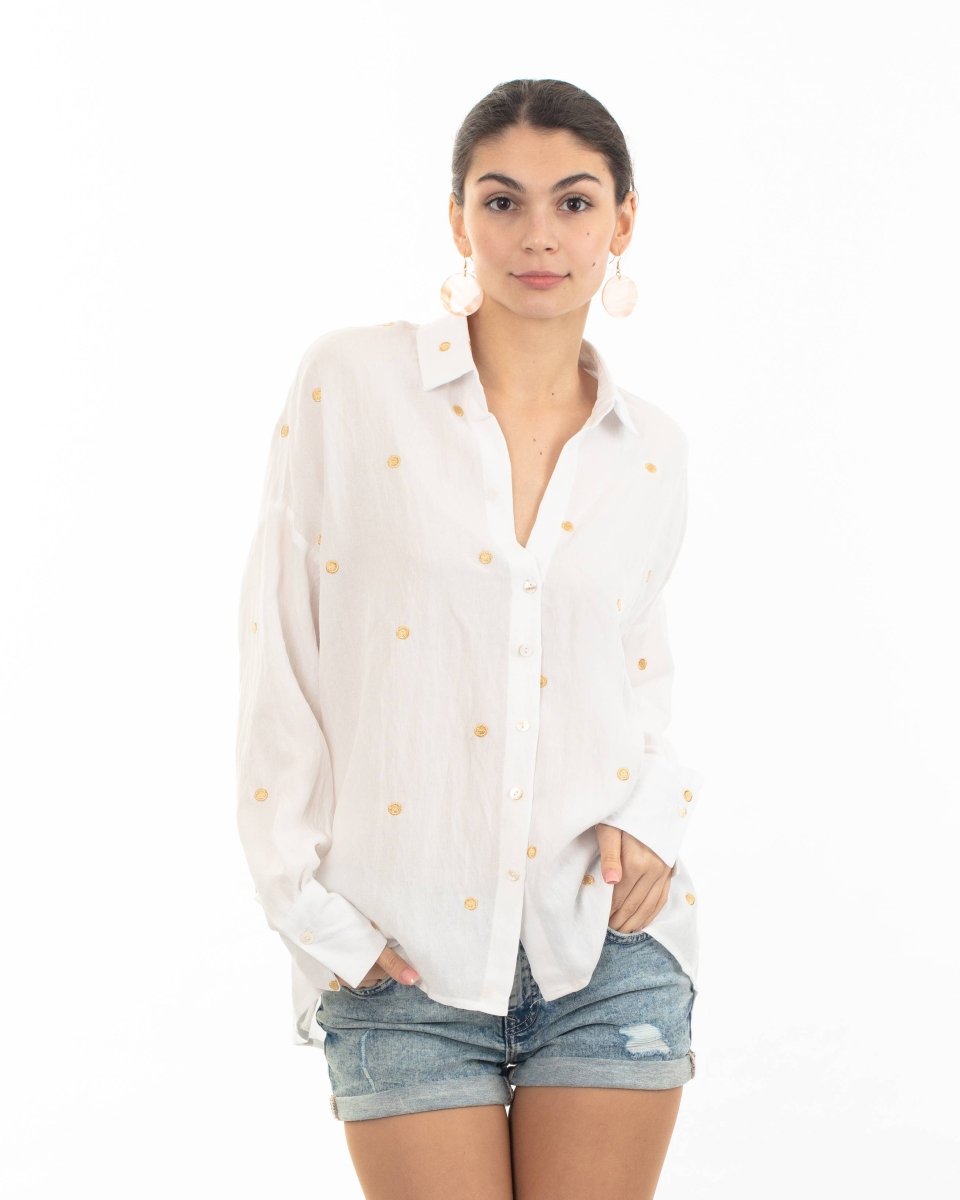 DMB Gold Polka Dots Embroidered Shirt in Soft cotton fabric - Daisy Mae Boutique