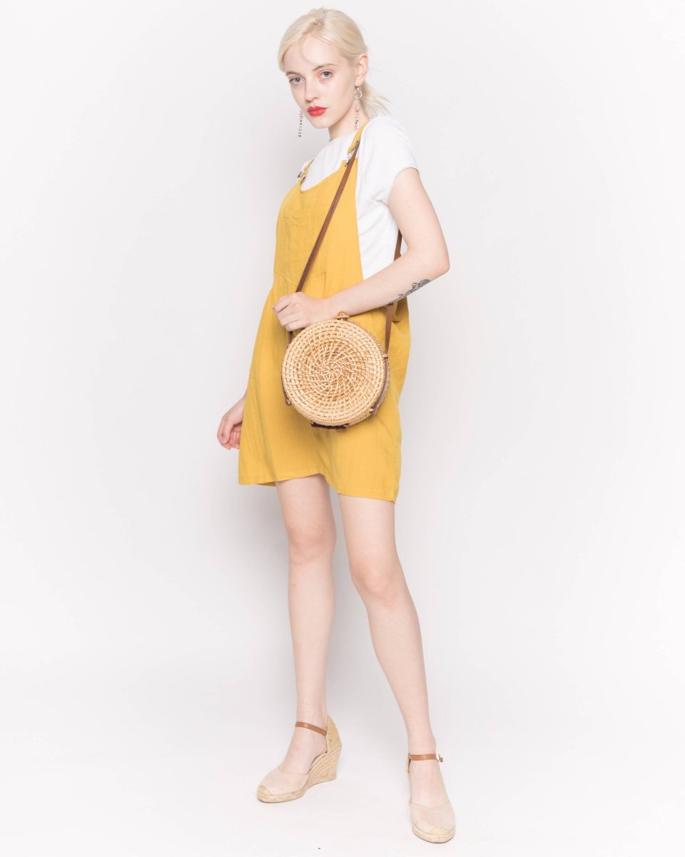 DMB Linen Mini Pinafore Dress in Mustard Yellow - Daisy Mae Boutique