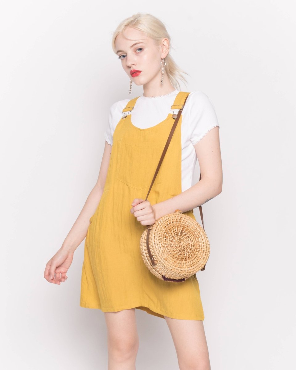 DMB Linen Mini Pinafore Dress in Mustard Yellow - Daisy Mae Boutique