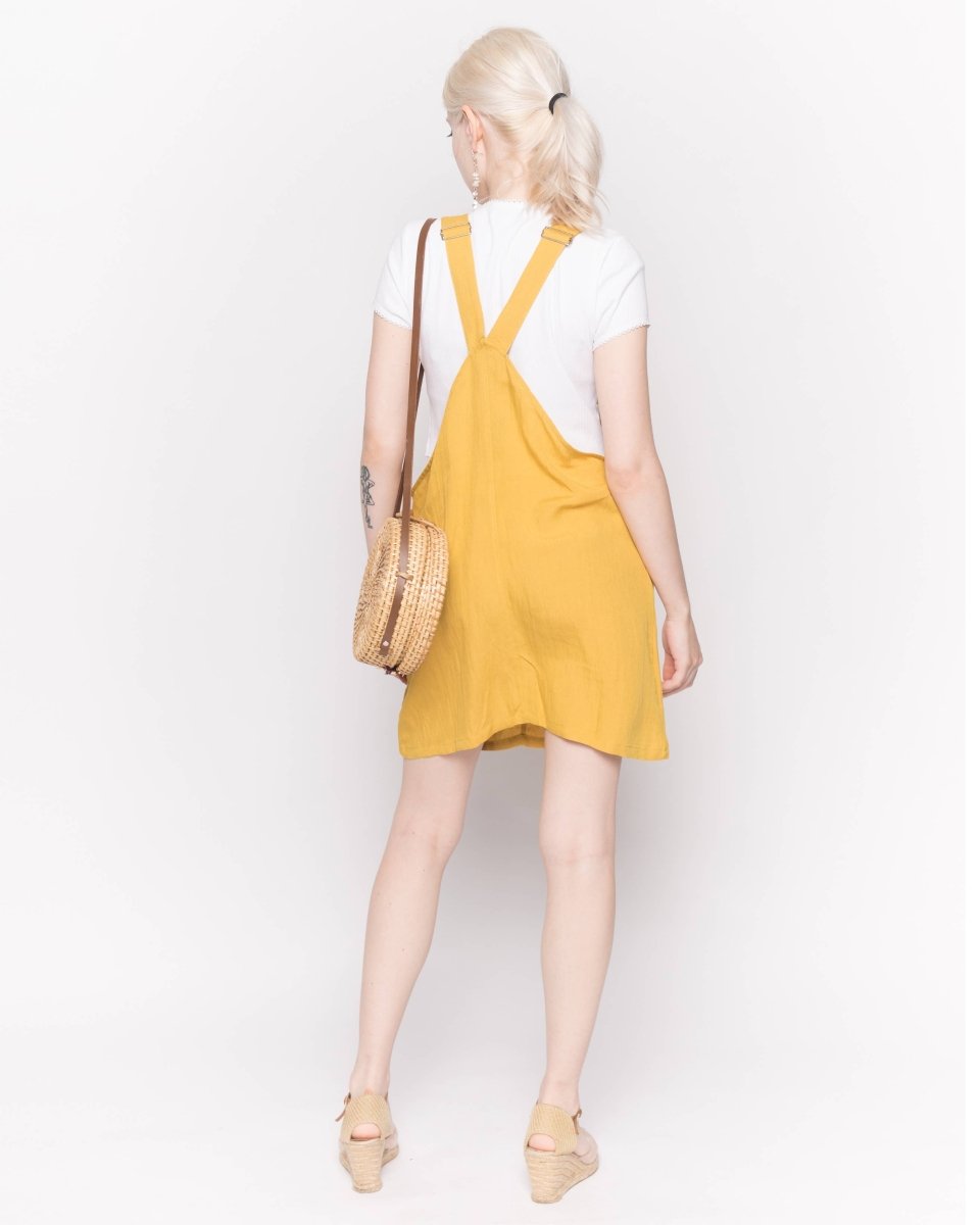 DMB Linen Mini Pinafore Dress in Mustard Yellow - Daisy Mae Boutique