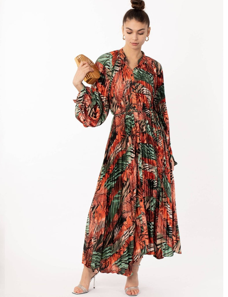 DMB Scarf print Full pleated long Shirt dress - Daisy Mae Boutique