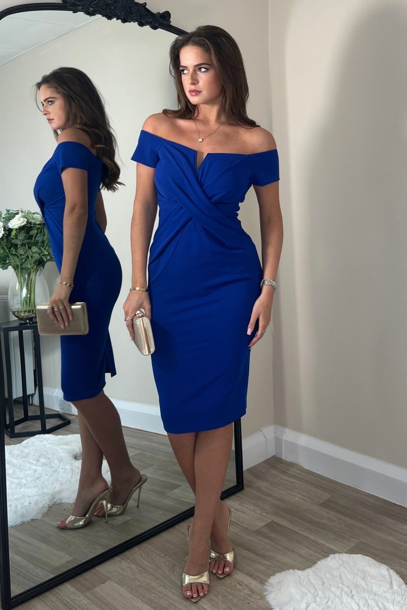 GIM Halo Off The Shoulder Twist Detail Midi Dress Cobalt - Daisy Mae Boutique