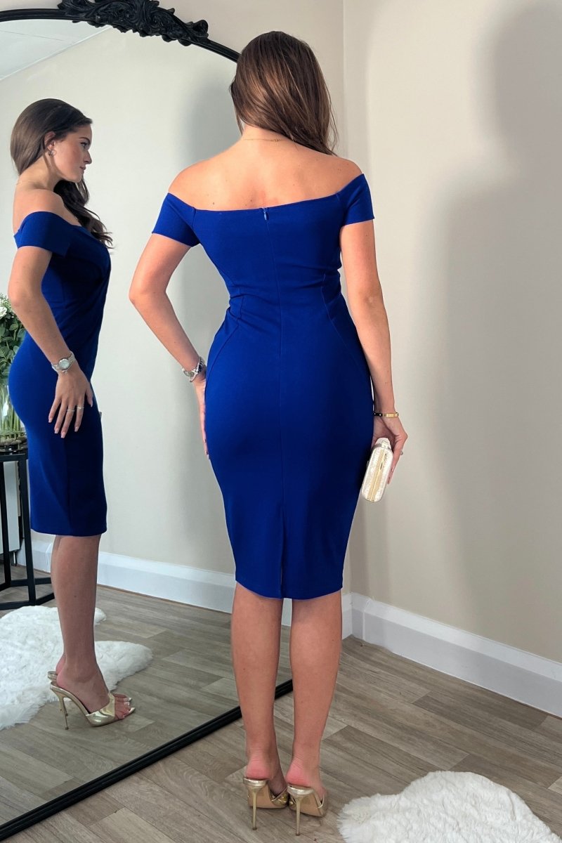 GIM Halo Off The Shoulder Twist Detail Midi Dress Cobalt - Daisy Mae Boutique