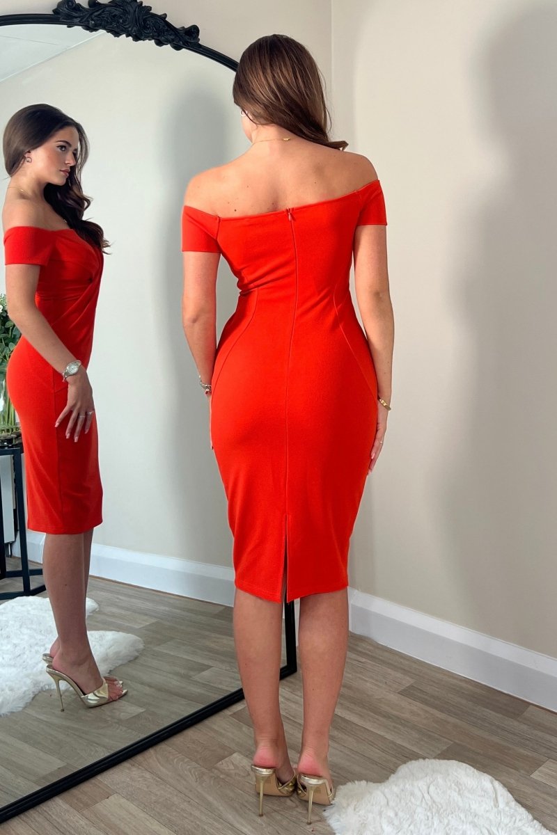 GIM Halo Off The Shoulder Twist Detail Midi Dress Orange - Daisy Mae Boutique