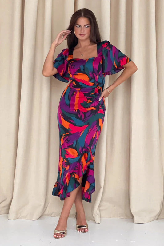 GIM Heidi Abstract Print Ruched Midi Dress - Daisy Mae Boutique