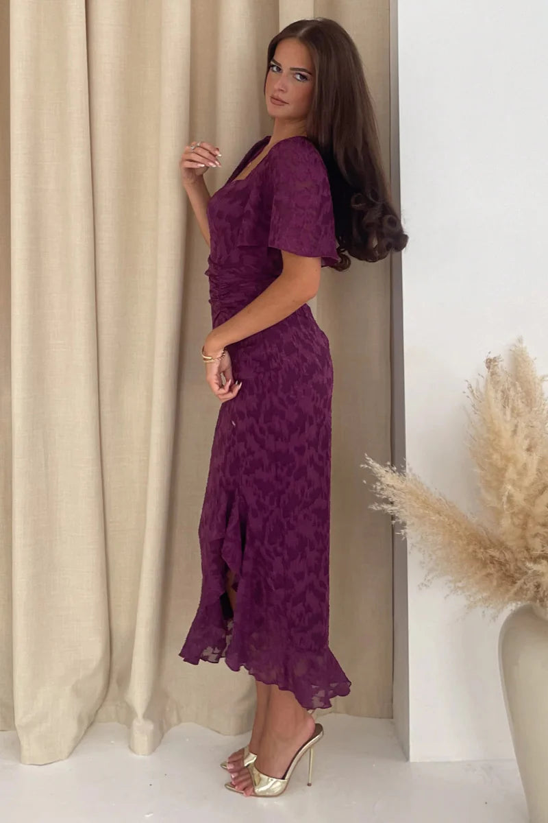 GIM Heidi Purple Floral Burnout Ruched Midi Dress - Daisy Mae Boutique